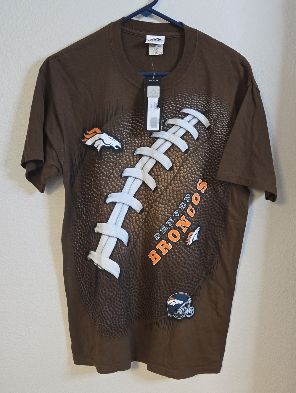 Denver Broncos Brown Short Sleeve Tee with White Football Lace Graphic